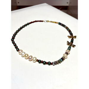 Handmade Artisan Pearl & Moss Agate Beaded Necklace with Gold Dragonfly Charms